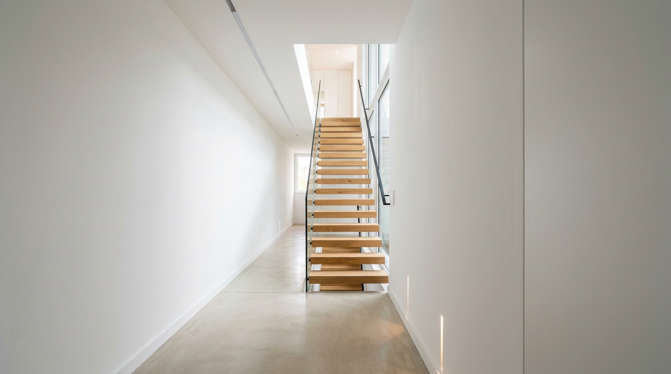 Architectural sightline from the kitchen through a narrow hallway toward a private primary suite, showing color drenching techniques.