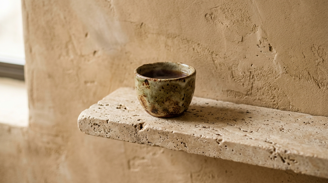 Close-up detail of tactile materials: a honed travertine wall-mounted ledge against a textured plaster wall with a small ceramic vase.