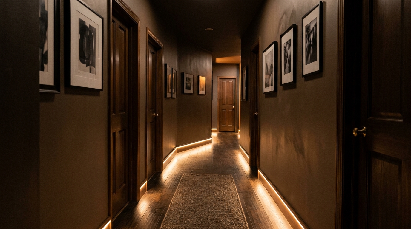 Final reflection: a peaceful, glowing narrow hallway at dusk, emphasizing the 'Quiet Luxury' of transitional spaces.