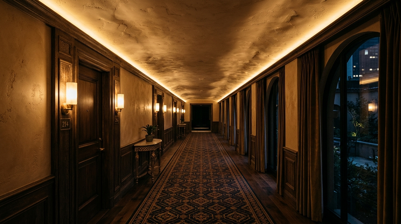 Atmospheric evening shot of a narrow hallway with warm-dim LED lighting creating soft shadow play and a golden glow on the ceiling.