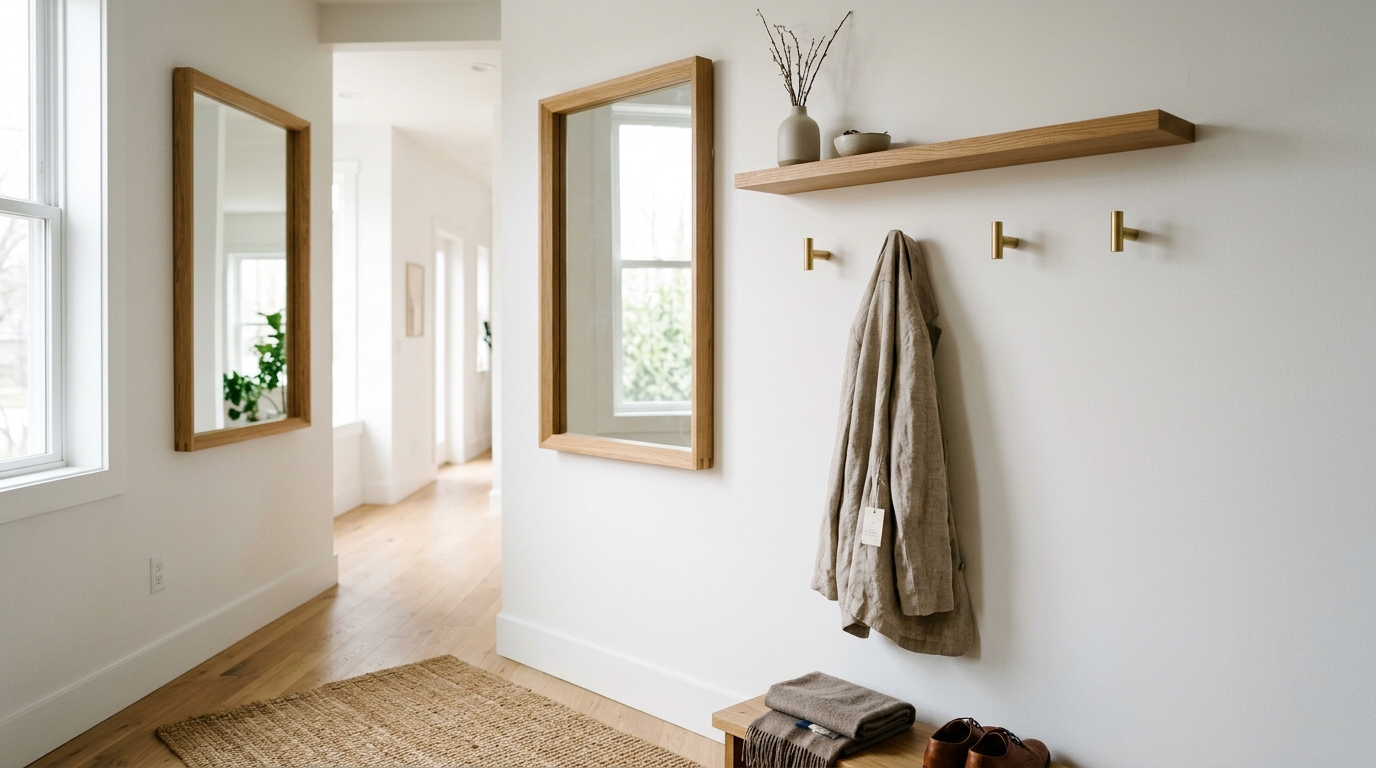 A functional entryway snapshot showcasing minimalist unlacquered brass hooks and a narrow floating shelf with 36-inch walkway clearance.