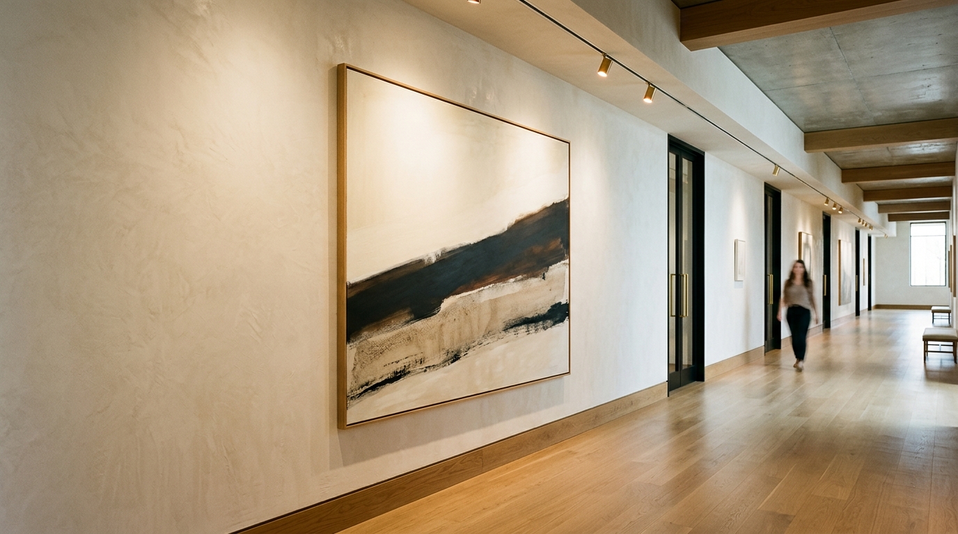 Long narrow hallway wall decor featuring a single oversized abstract canvas on a limewash wall with directional spotlights.