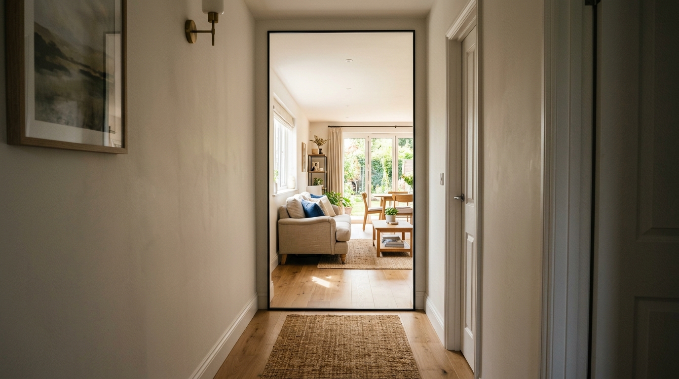 Modern narrow hallway mirrors with a thin black frame reflecting light from an adjacent sunlit living room to brighten a dark corridor.
