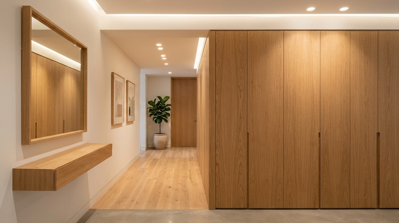 Small narrow entryway organization featuring a bespoke built-in oak bench and hidden storage in a muted organic color palette.