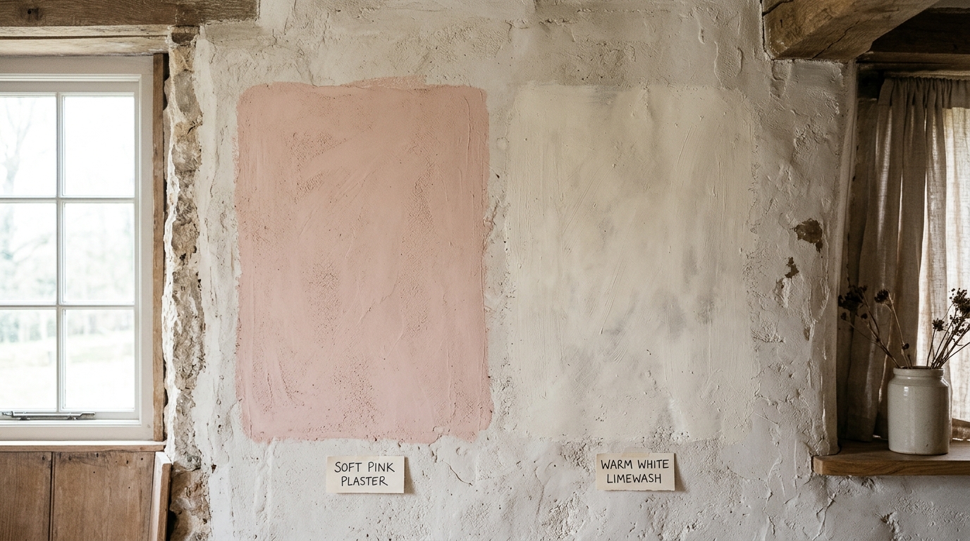 Paint colors for dark narrow hallways: a comparison of Farrow and Ball Setting Plaster vs. Benjamin Moore Swiss Coffee in natural light.