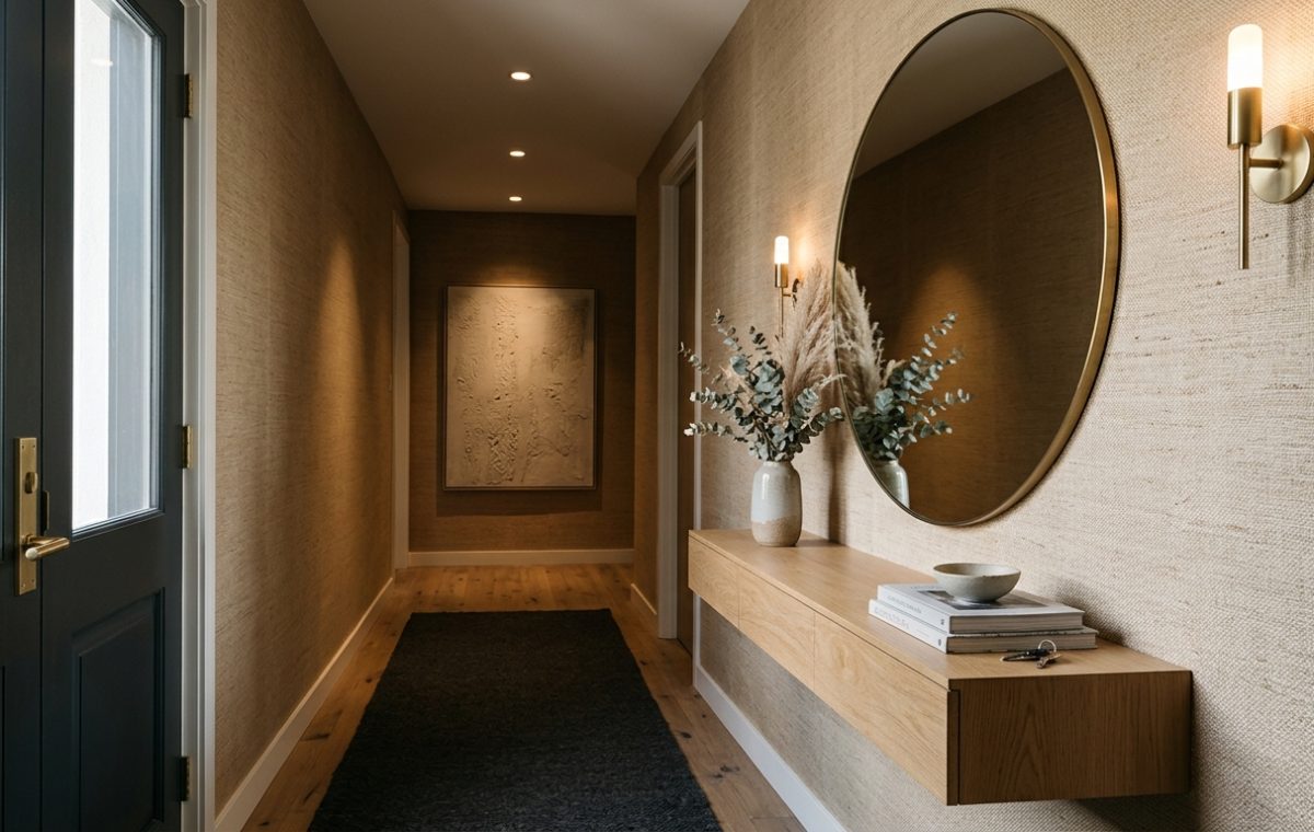 Editorial hero shot of a narrow entryway featuring Phillip Jeffries Manila Hemp grasscloth and a minimalist white oak floating console.