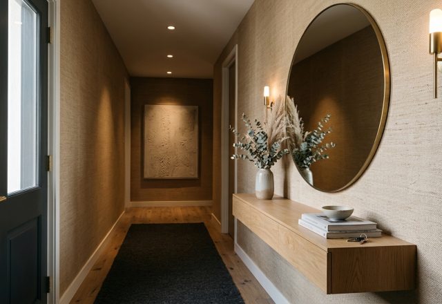 Editorial hero shot of a narrow entryway featuring Phillip Jeffries Manila Hemp grasscloth and a minimalist white oak floating console.