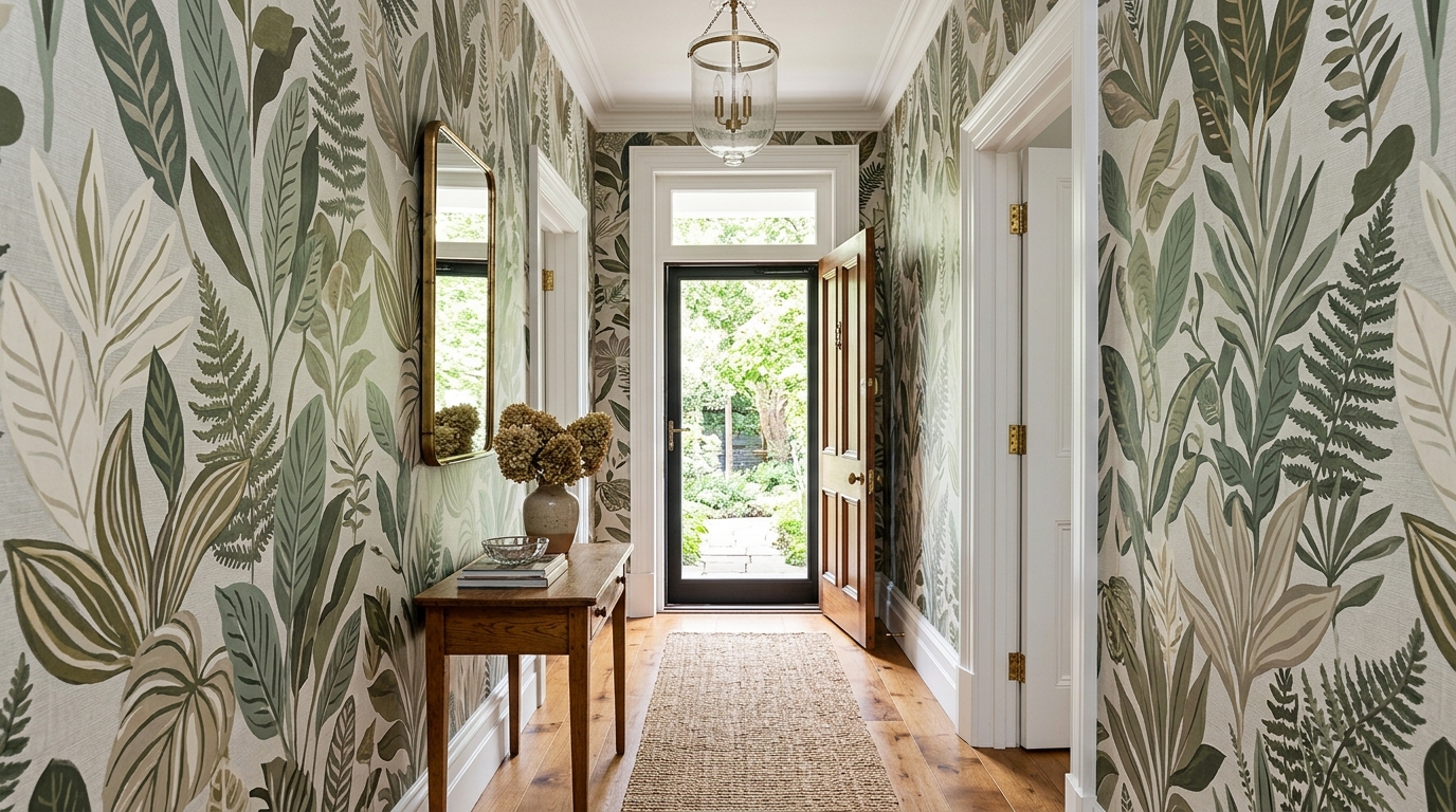 Peel and stick wallpaper with a large botanical print used to create a statement wall in a narrow urban hallway.