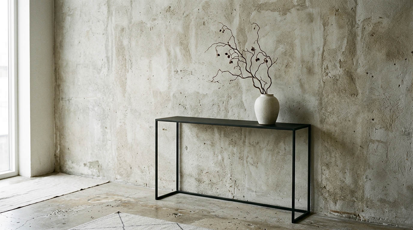 Minimalist entryway decor featuring a single sculptural vase on a slim matte black metal console table.