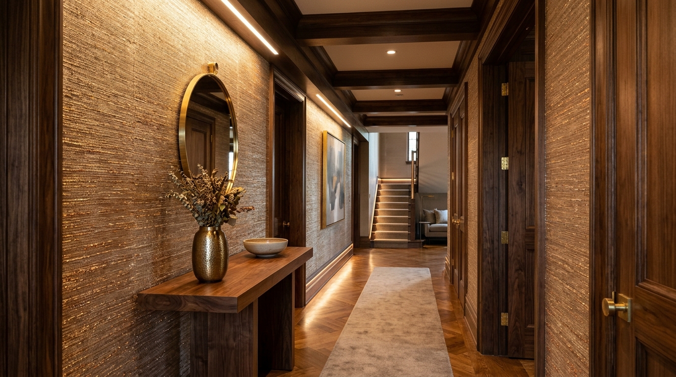 Designer hallway featuring a mix of metallic-backed wallcoverings and matte wood accents for light reflection.