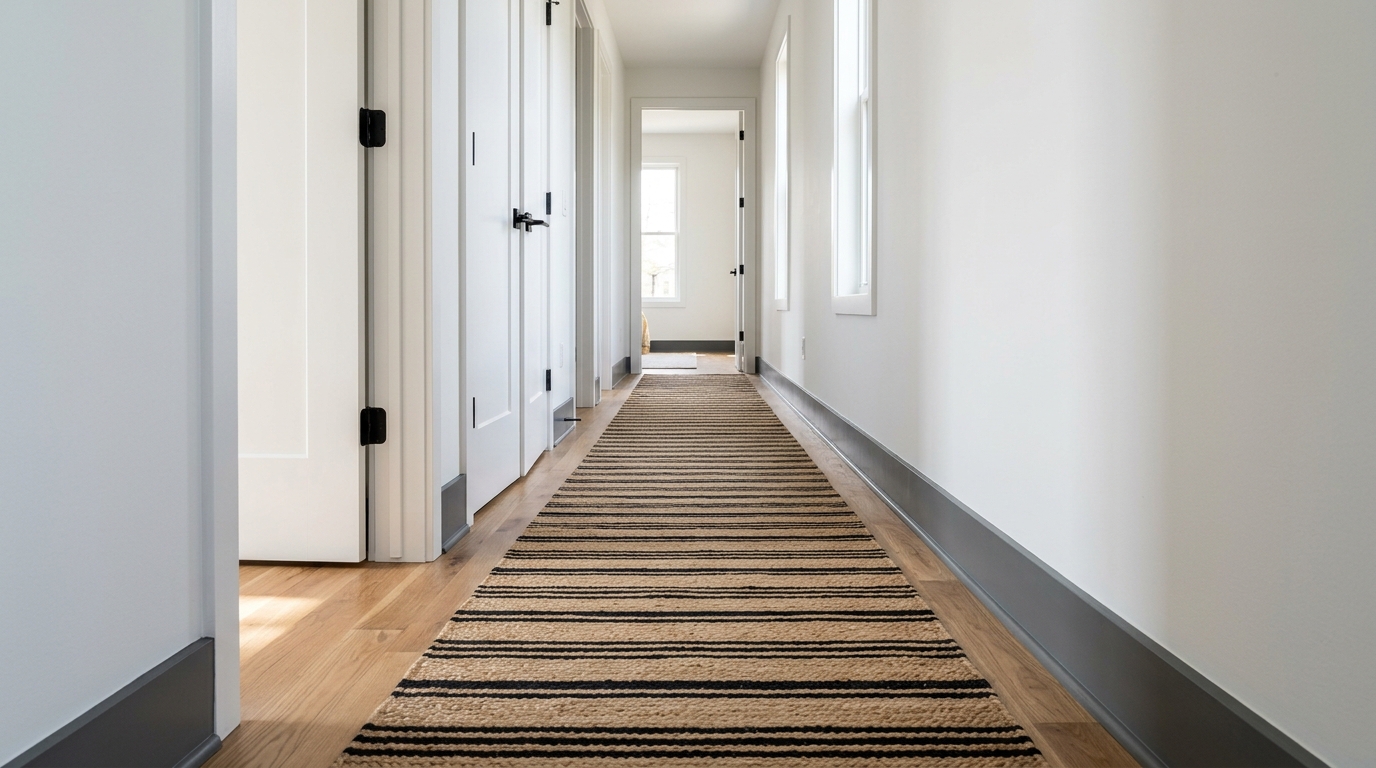 Spatial alignment shot showing 36-inch walkway clearances and the ergonomic flow of a curated modern entryway.