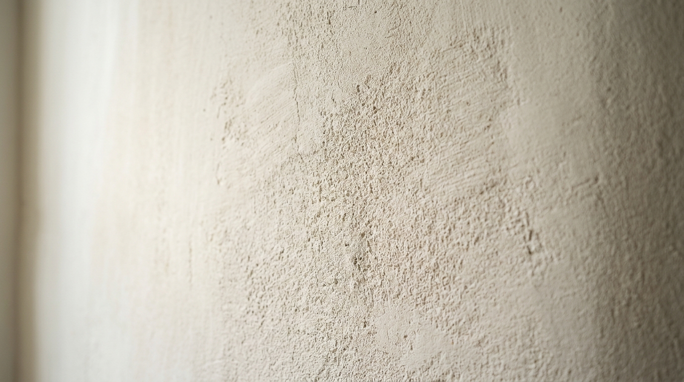 Soft directional lighting washing over a lime-wash effect wallcover, highlighting the chalky, matte texture.