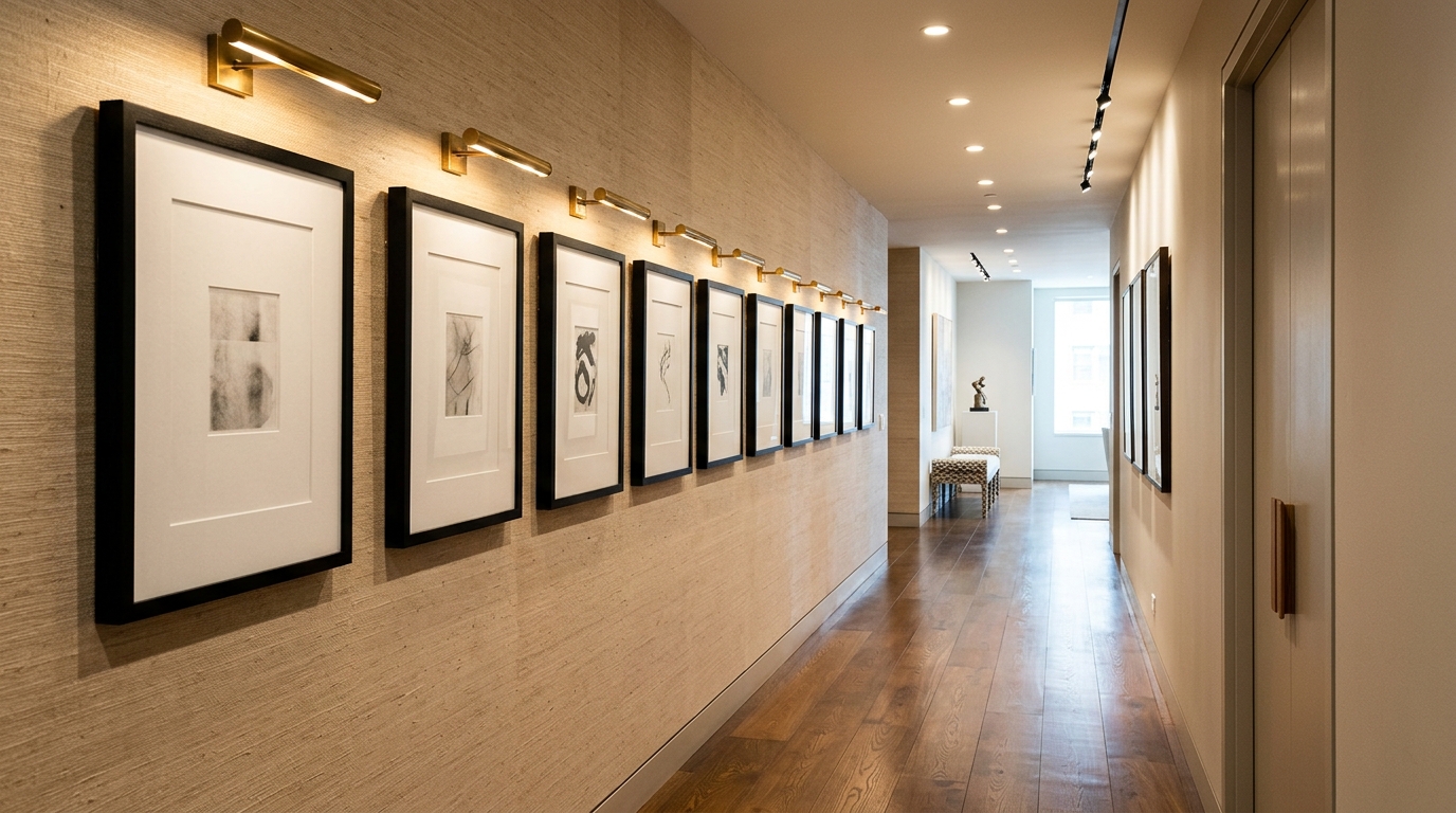 A curated gallery-style hallway with uniform wooden frames and integrated picture lighting on textured wallpaper.