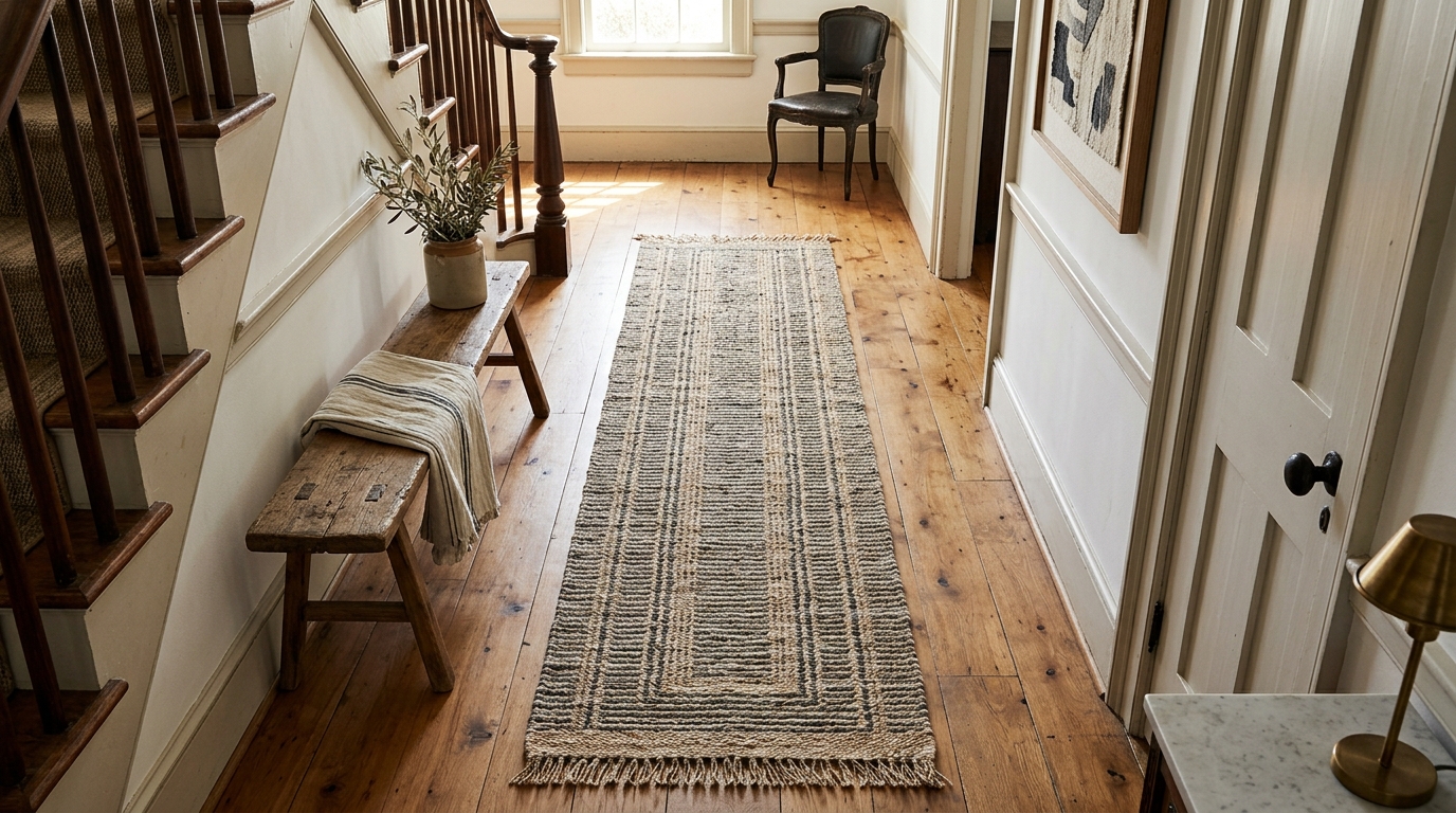 Top-down view of a narrow hallway runner rug with a linear weave pattern to elongate the architectural space.