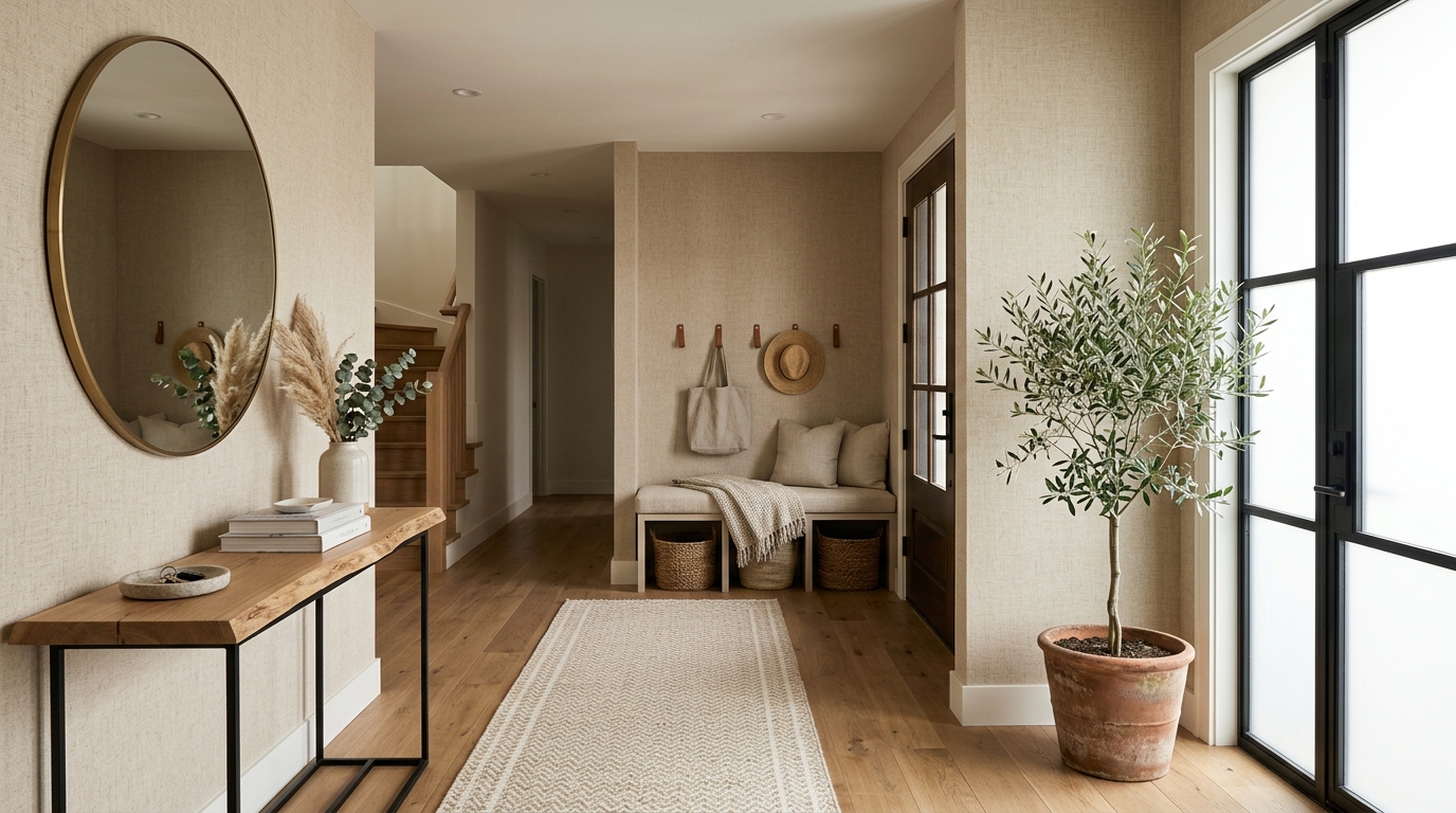 Lush organic modern entry with potted olive tree and neutral-toned grasscloth providing a calm transition.