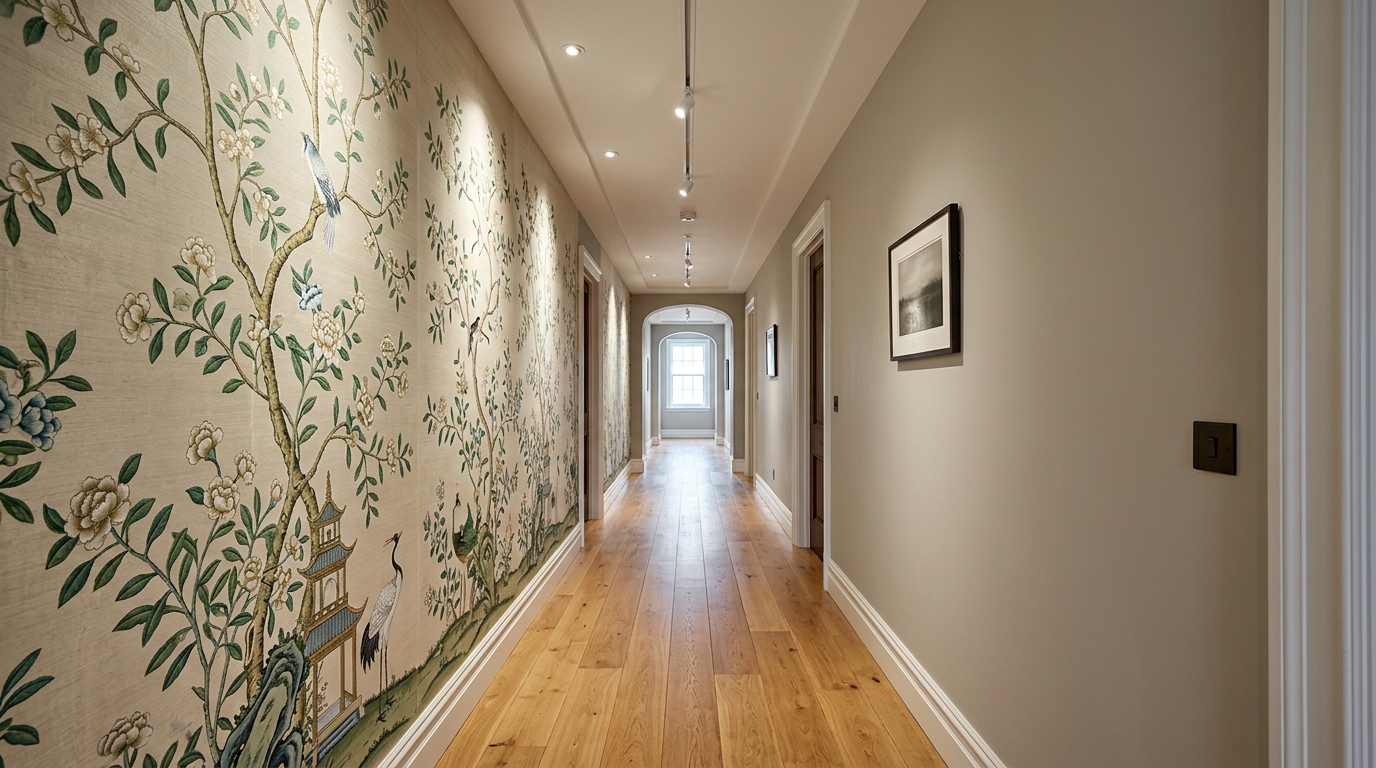 A wide-angle architectural perspective of a long hallway showing how wallpaper patterns break the visual tunnel effect.