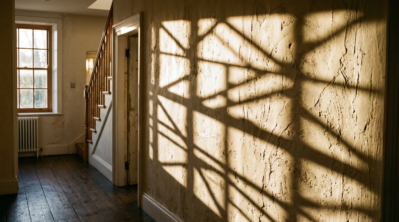 Artistic shot of natural light filtering through a front door onto a textured wall, creating dynamic geometric shadows.