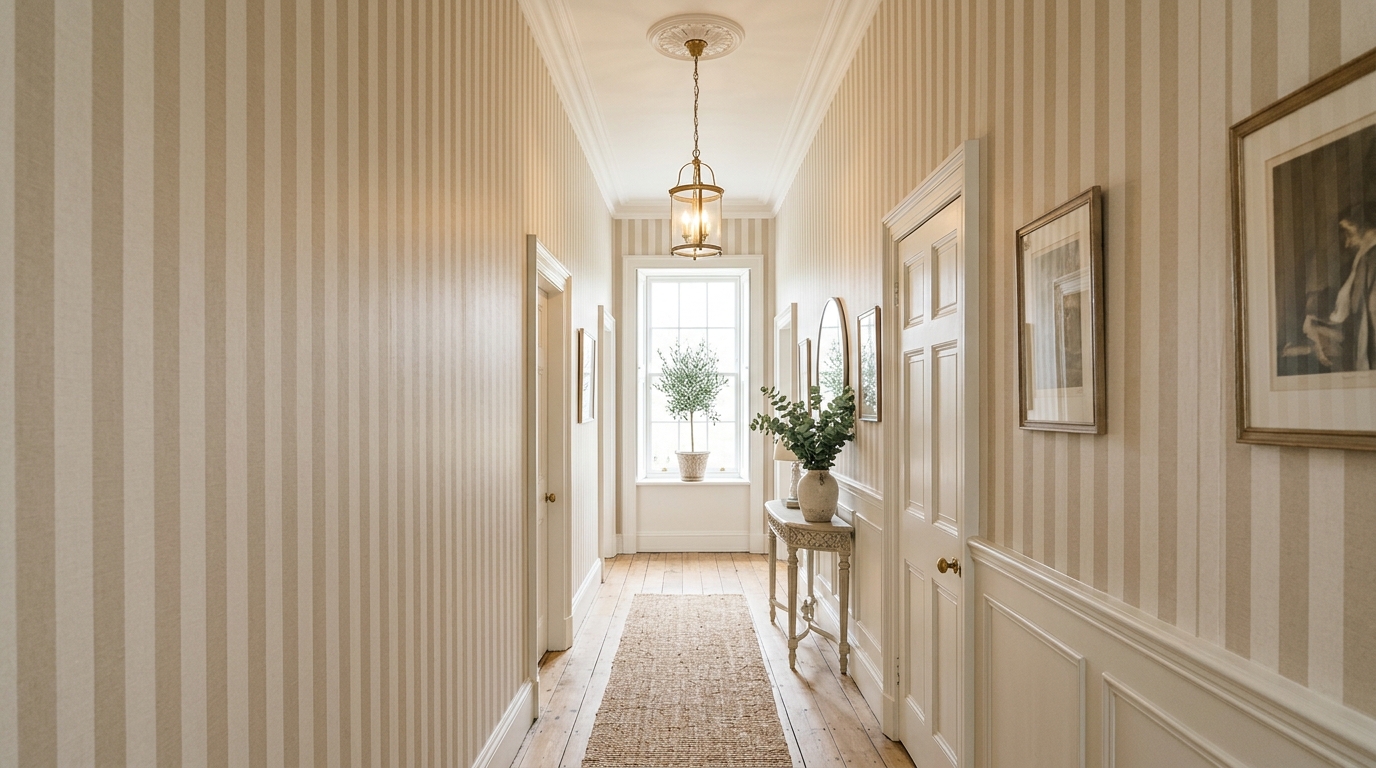 Hallway wallpaper featuring a subtle vertical stripe to increase the perceived height of the ceiling.