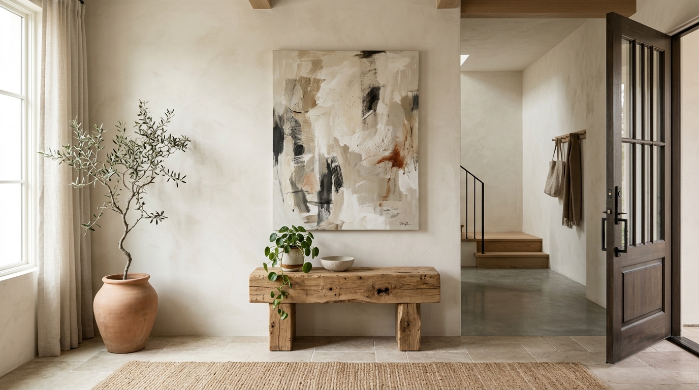 Organic modern foyer with a reclaimed wood stool and a large abstract painting on a limewash wall.