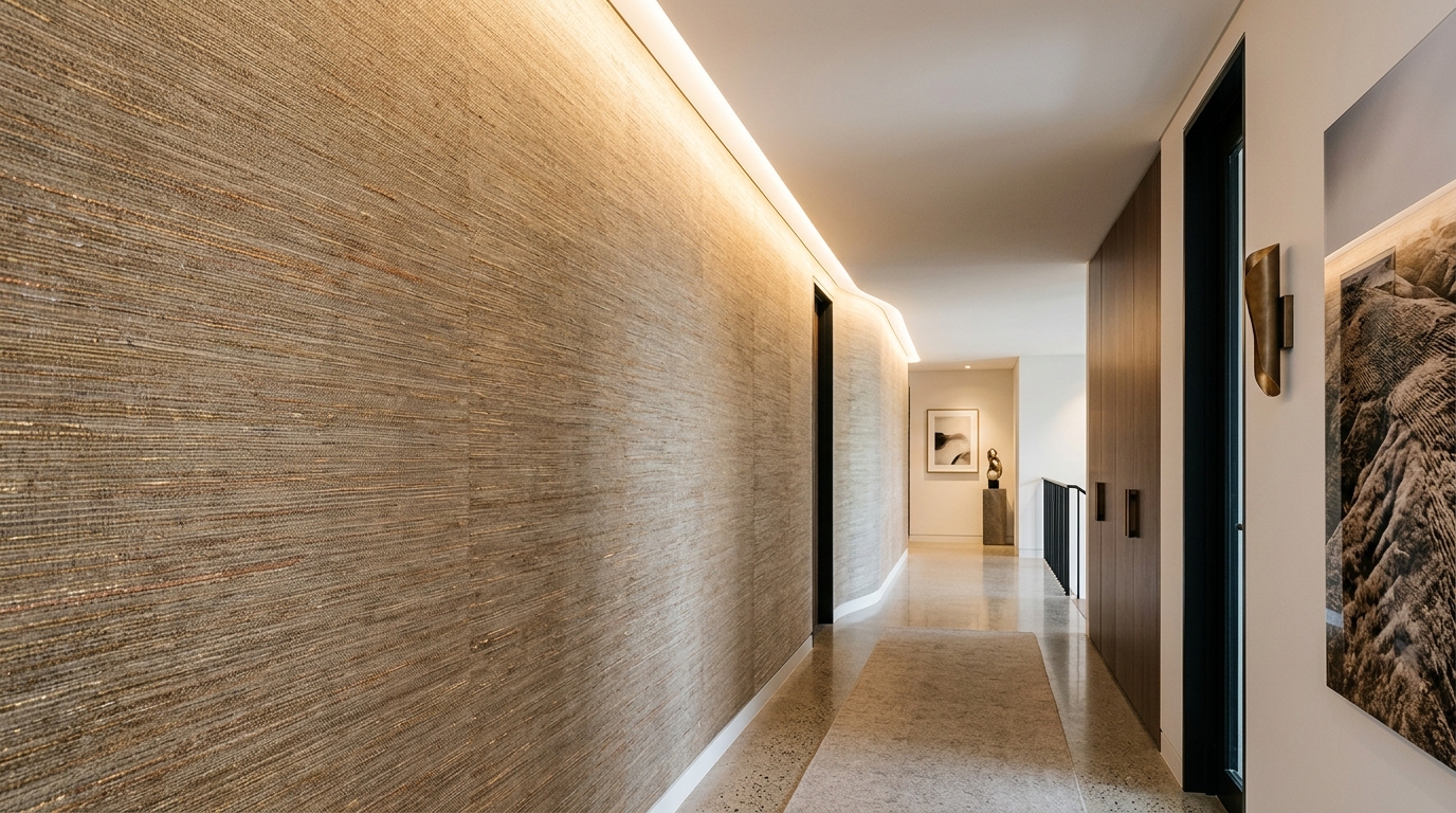Integrated architectural lighting in a hallway cove, casting a soft glow across a metallic weave wallpaper.