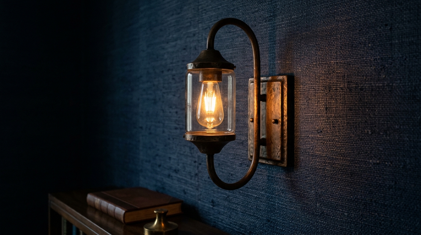Detail of a bronze wall sconce at eye level against a backdrop of deep navy grasscloth wallpaper.