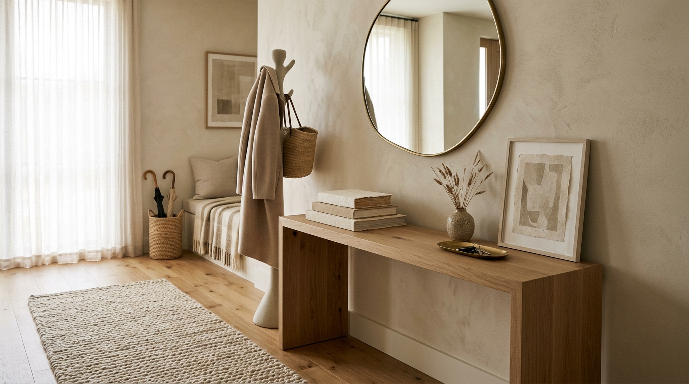 Modern entryway design showcasing the 'Quiet Luxury' of tonal beige materials and layered neutral textures.