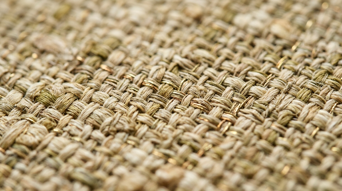 Macro detail shot of hand-woven tactile grasscloth wallpaper showing intricate fiber textures and organic irregularities.