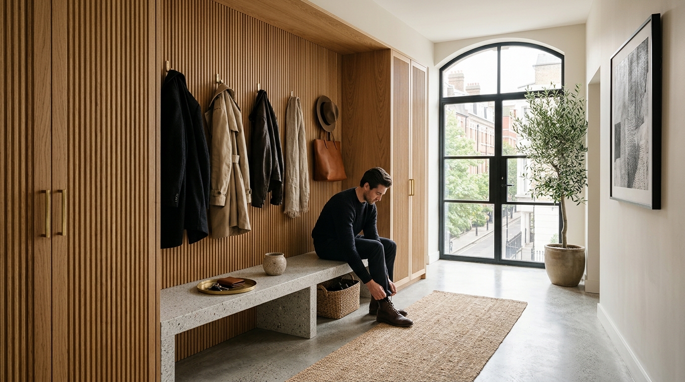 Functional transit zone with a wall-mounted coat rack in matching fluted oak and a minimalist stone bench.