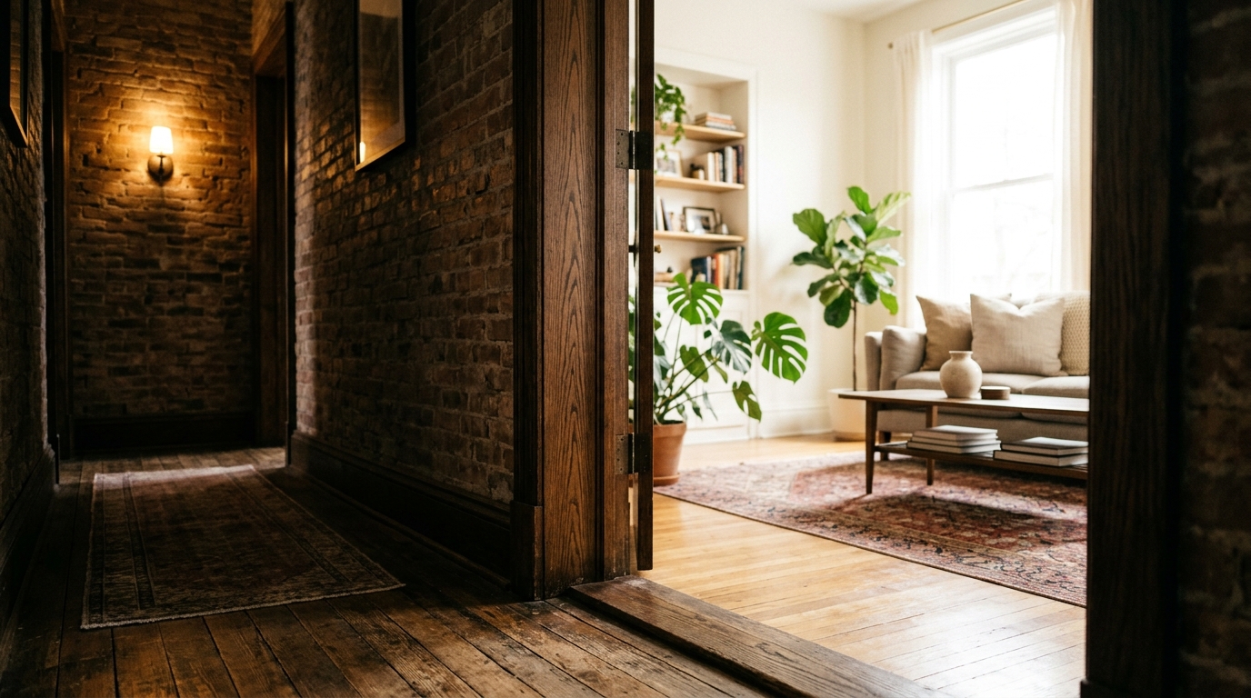 Closing architectural reflection shot showing the transition from a textured hallway into a bright, open-plan living area.