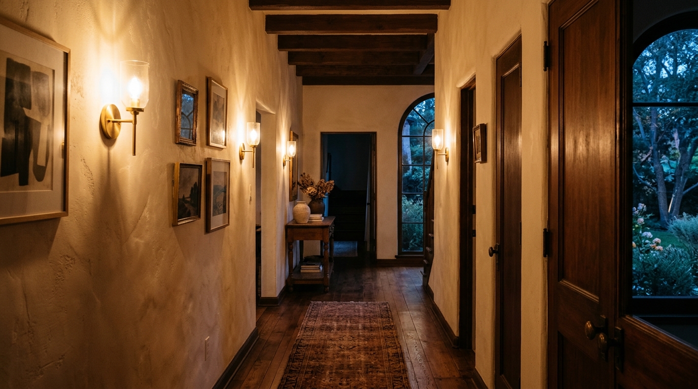 Atmospheric lighting demonstration in a hallway using 2700K warm-dim sconces to create soft shadows on textured walls.