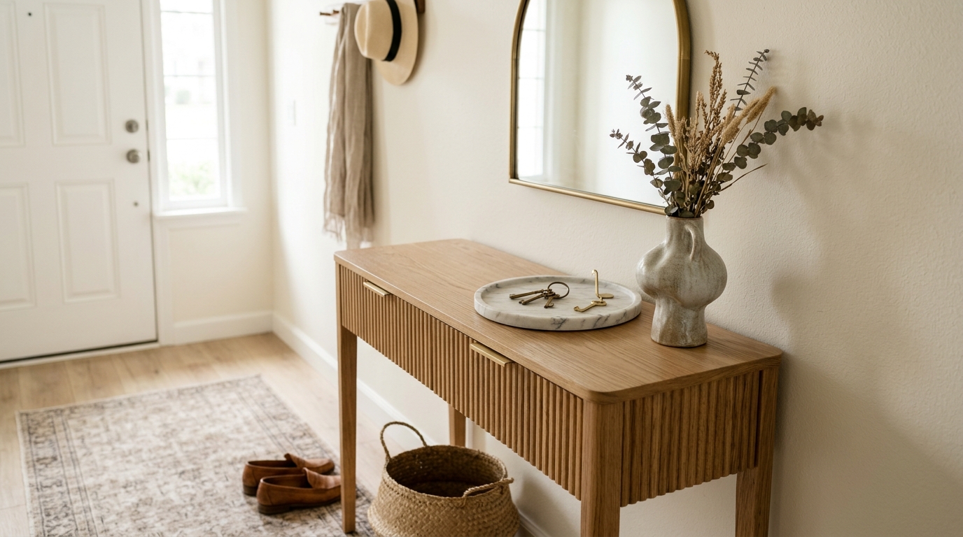 Functional lifestyle shot of a narrow entryway console with a ceramic tray, keys, and a large circular mirror reflecting natural light.