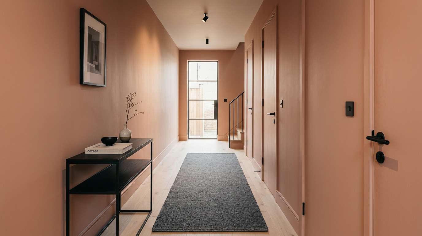 Modern hallway with Farrow & Ball Dead Flat paint in Setting Plaster and a high-contrast charcoal runner rug.
