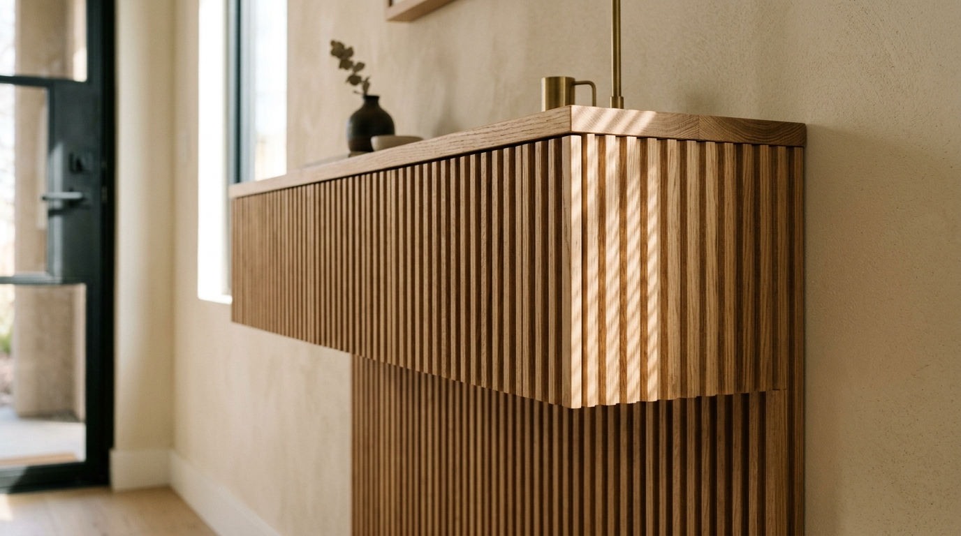 Close-up of a fluted white oak wall-mounted console table demonstrating space-saving narrow entryway ideas.