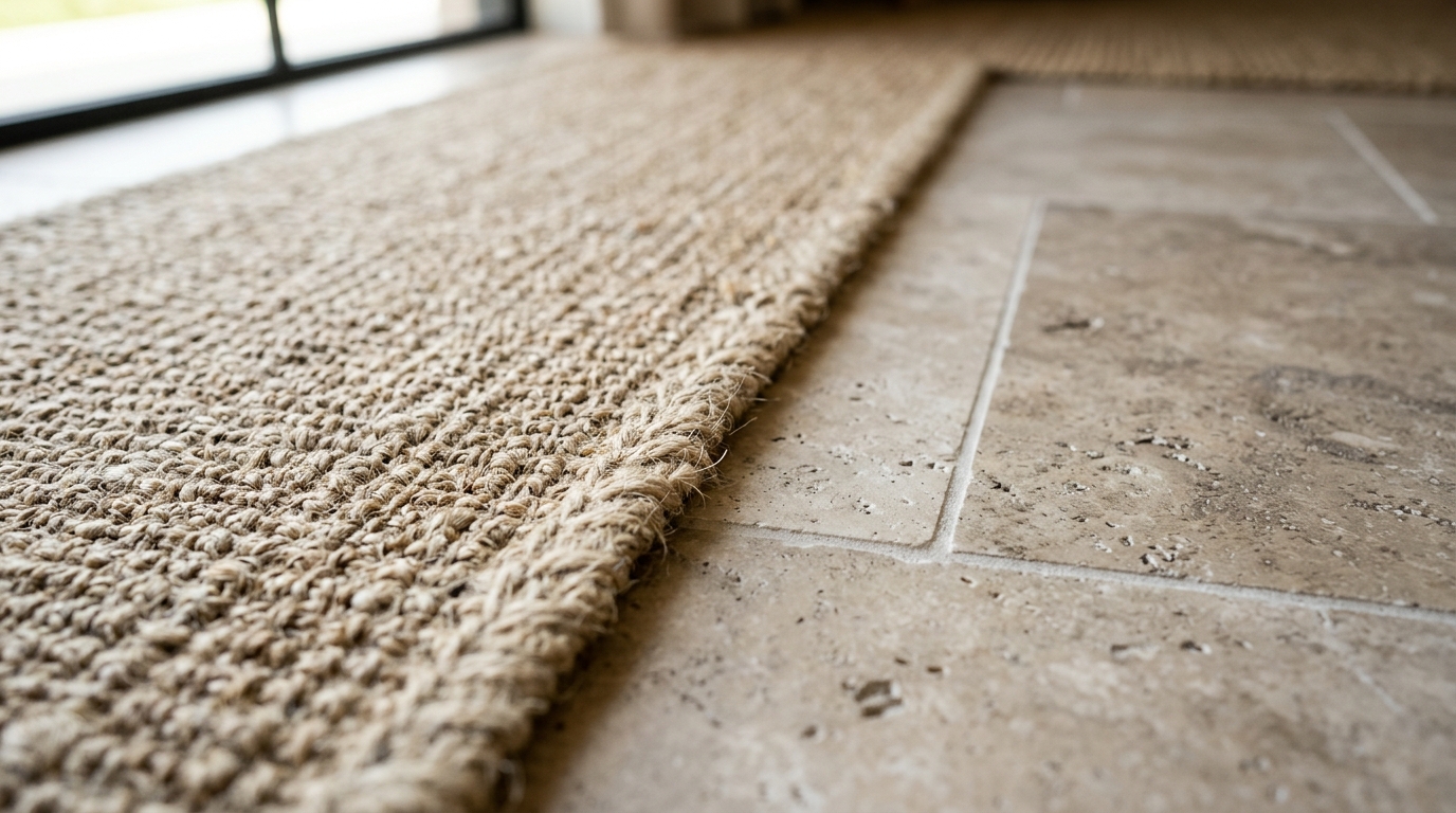 Honed travertine stone flooring detail meeting a textured sisal runner in a high-end transitional space.