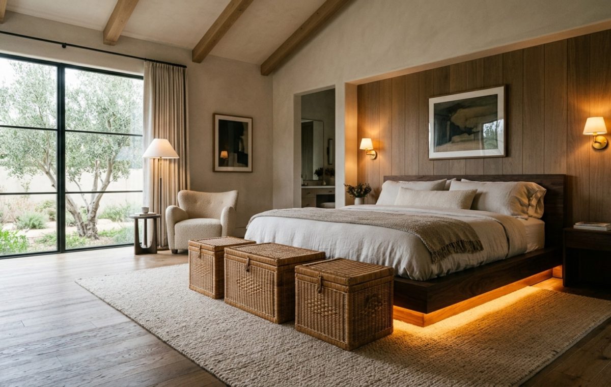 A wide-angle shot of a minimalist bedroom featuring a low platform bed with warm 2700K LED lighting casting a golden amber glow on woven rattan under-bed trunks.
