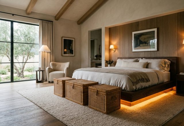 A wide-angle shot of a minimalist bedroom featuring a low platform bed with warm 2700K LED lighting casting a golden amber glow on woven rattan under-bed trunks.