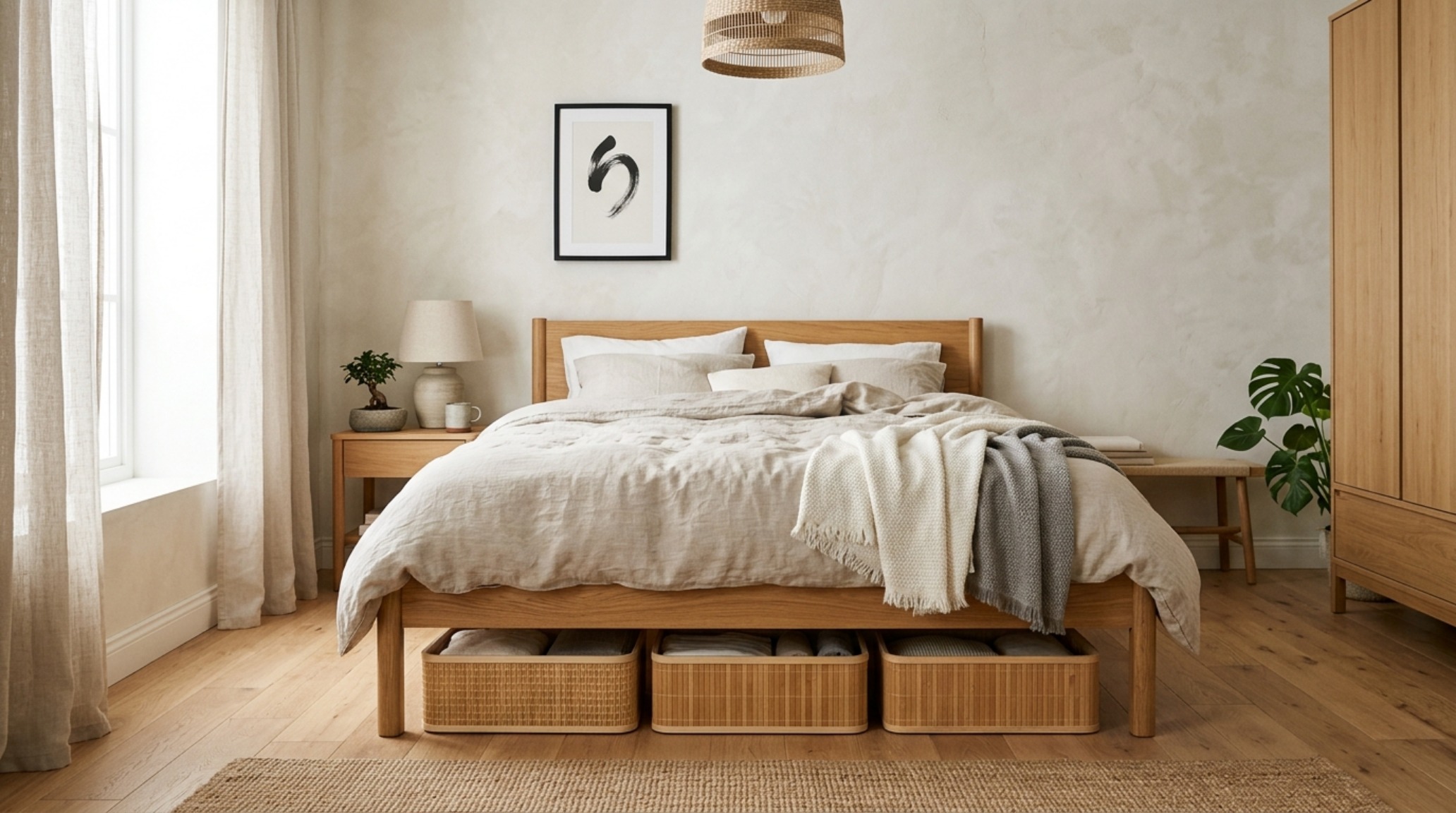 Editorial view of a Japandi-style bedroom using best under bed storage decor ideas like fluted oak bins and neutral textiles.
