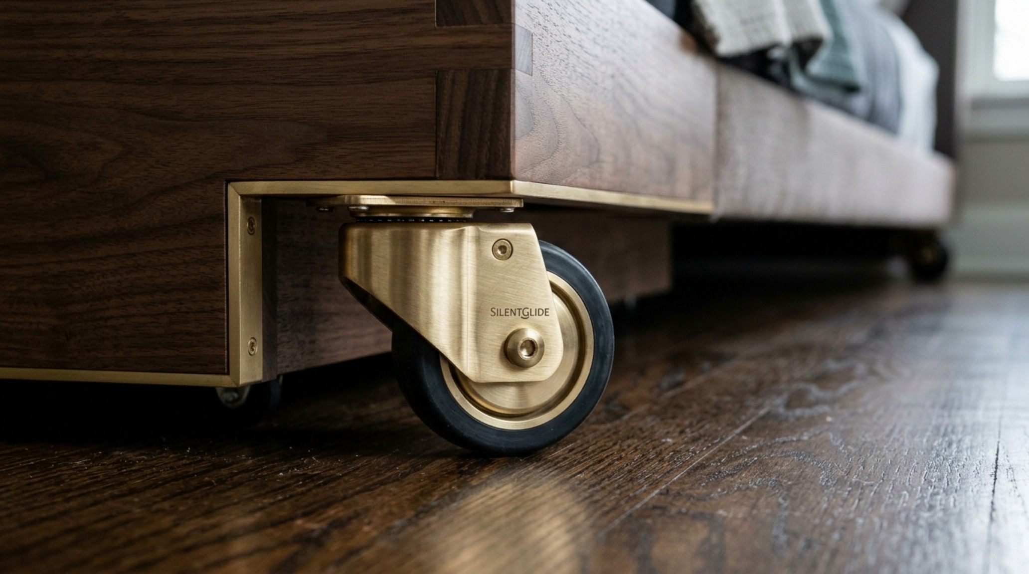 Close-up of a high-quality silent caster wheel on a rolling under-bed trunk, highlighting the importance of luxury hardware in design.