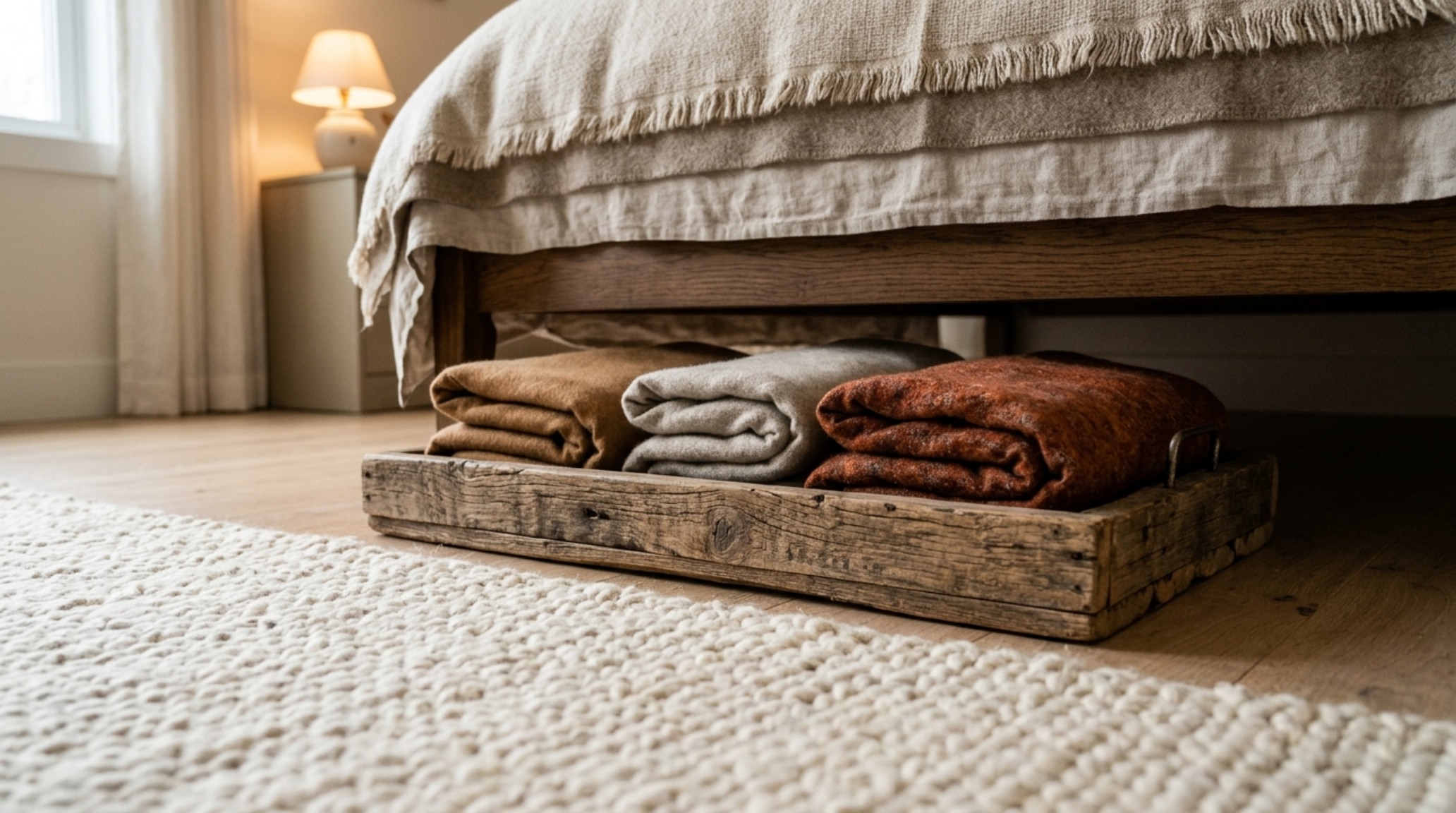 The warm texture of a reclaimed wood under-bed tray against a plush wool rug, showcasing tactile grounding in interior design.
