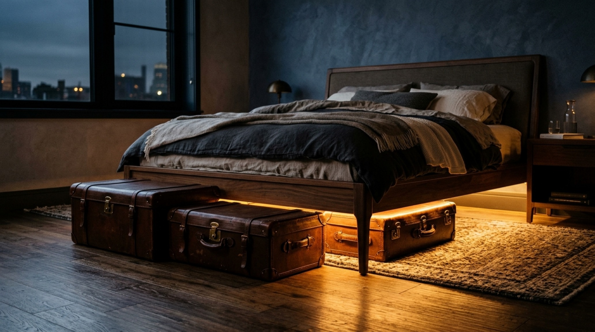 A beautifully lit bedroom corner demonstrating the 'glow' effect of under-bed lighting reflecting off a polished concrete floor.