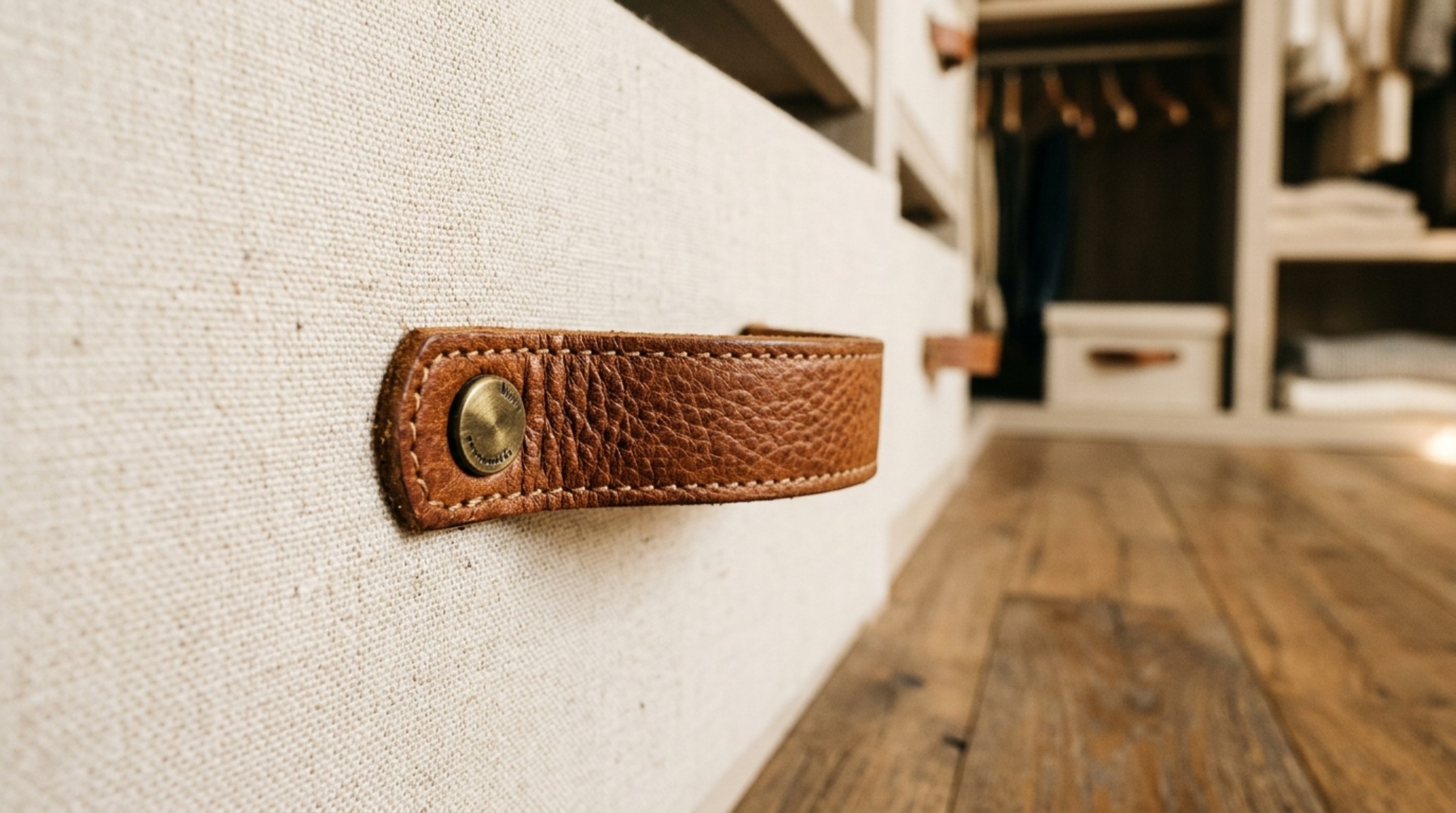 Close-up detail of luxury under bed drawer inserts featuring rich cognac leather pulls and hand-stitched linen textured siding for a sensory storage experience.