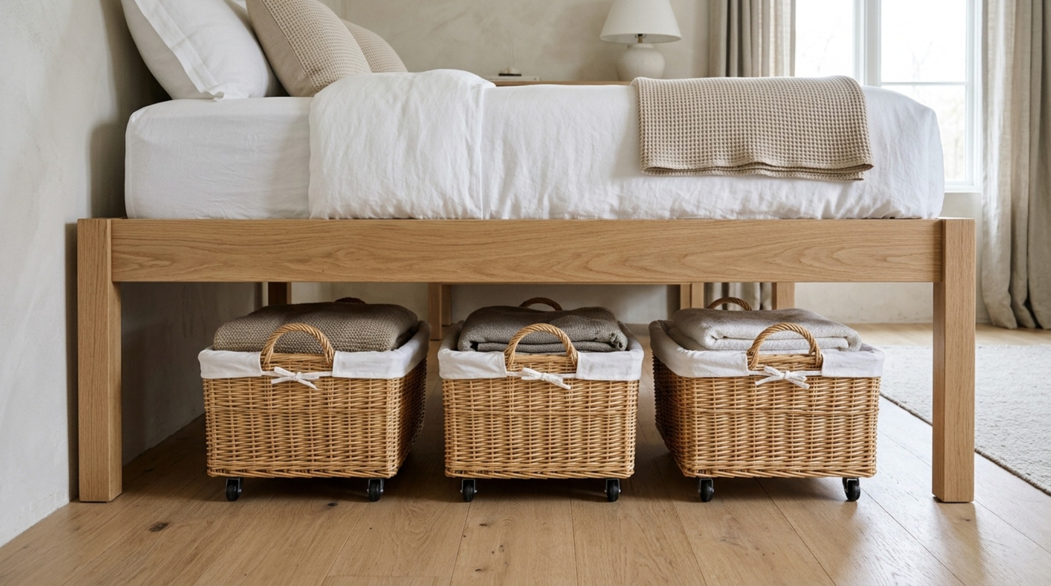 Chic rolling underbed baskets made of natural abaca fiber placed neatly under a white oak bed frame, showcasing organic modern bedroom storage ideas.