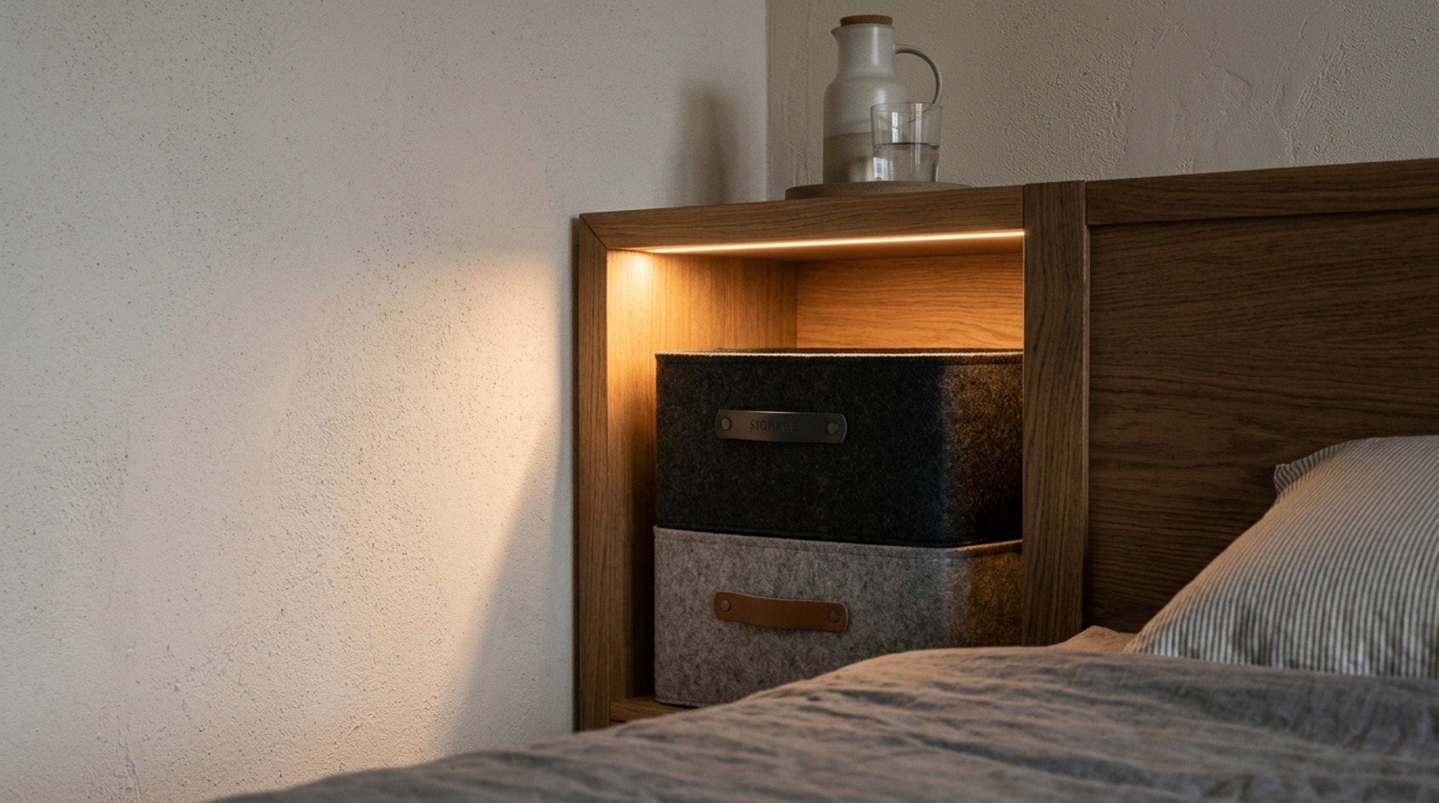 An architectural detail of a bed frame interior highlighting the installation of a recessed LED strip to create a soft halo effect for high-end storage bins.