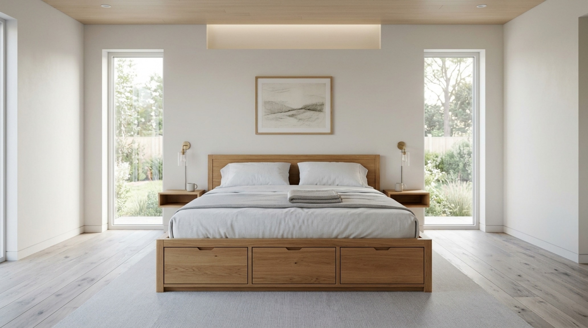 Minimalist bed frame storage solutions featuring flush-mount wooden drawers with a push-to-open mechanism on a dark hardwood floor.