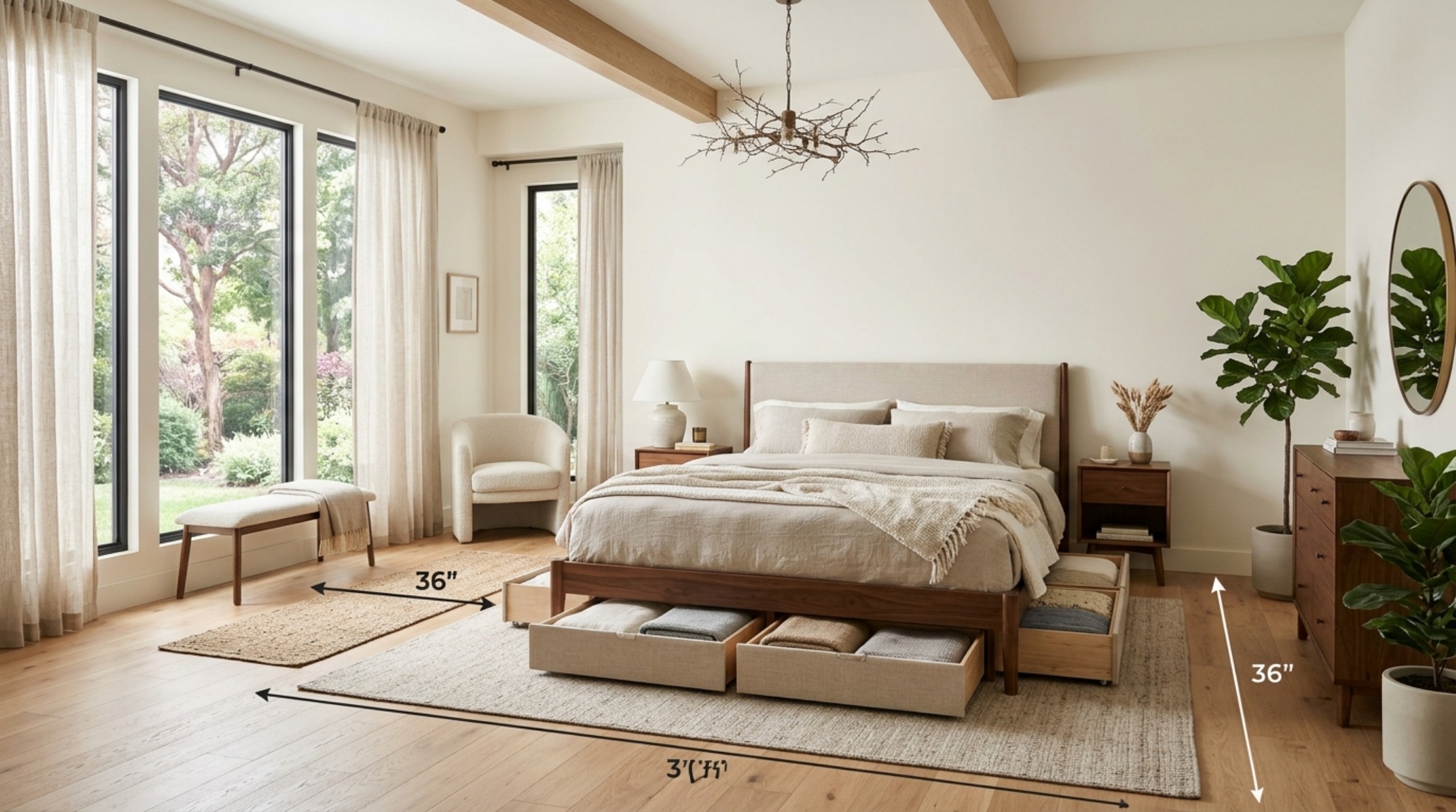 Wide-angle view of a master bedroom with a 36-inch walkway clearance, emphasizing spatial flow and well-organized apartment storage hacks.