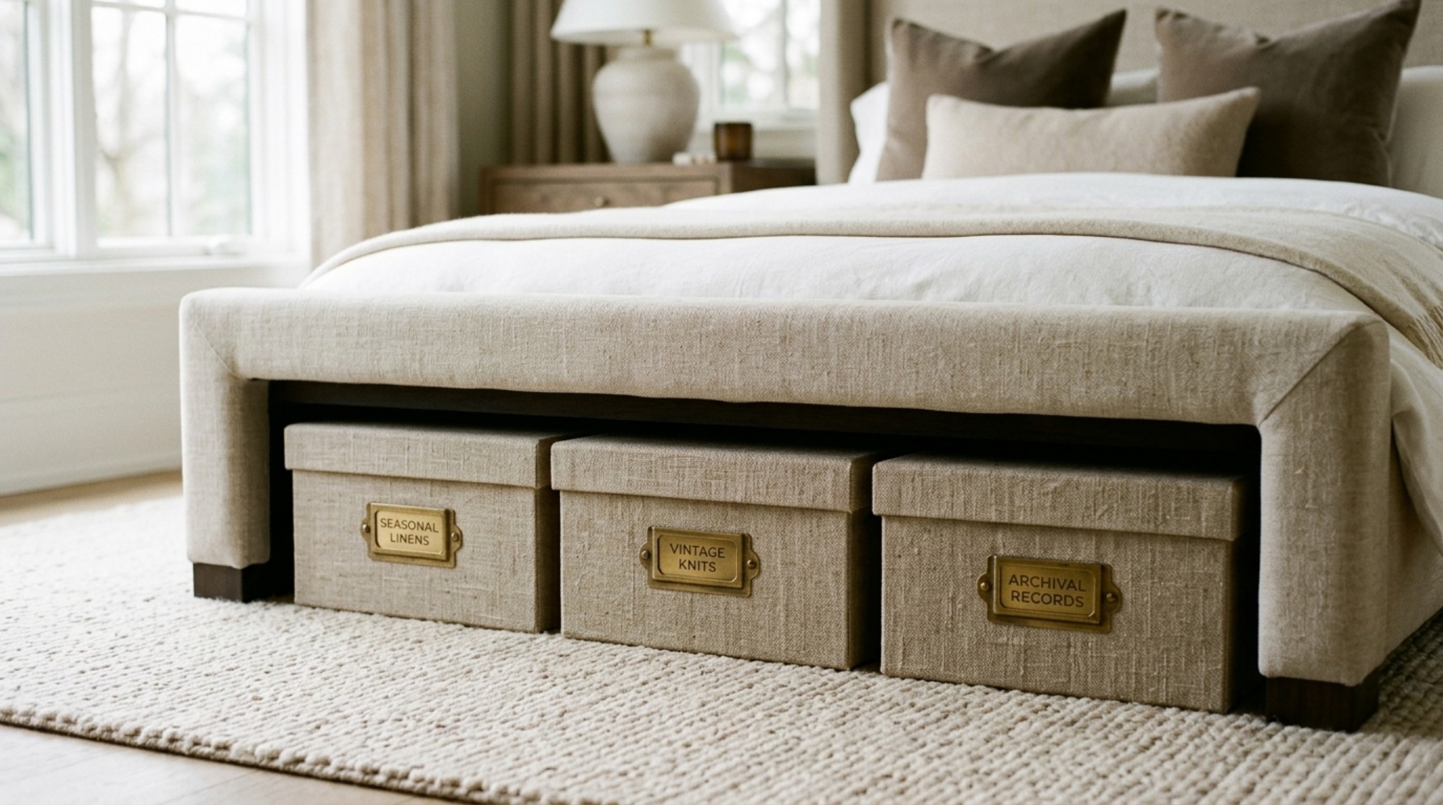 Elegant Belgian linen-wrapped boxes stacked beneath a bed, illustrating closet alternative solutions for a sophisticated small bedroom.