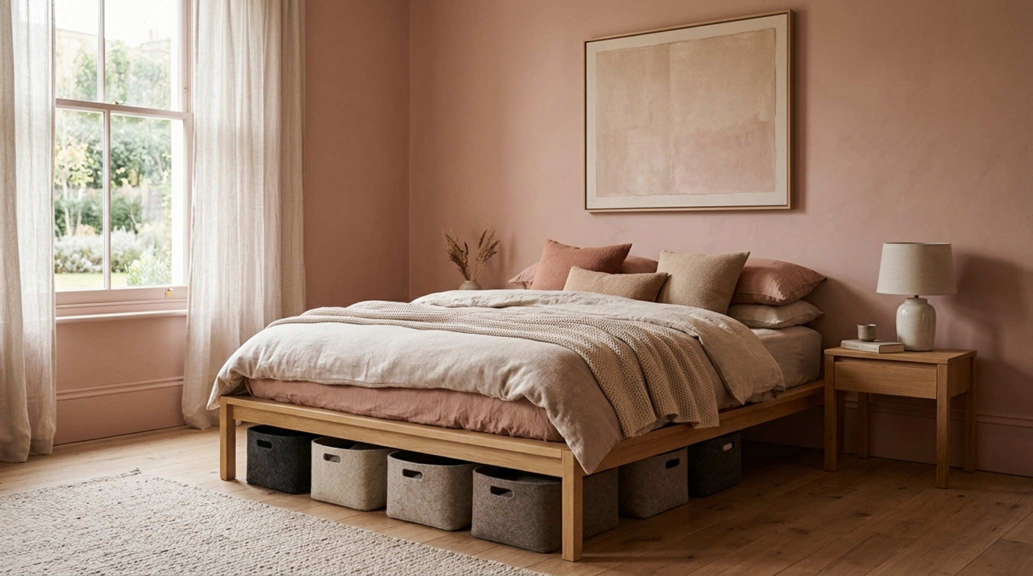 A serene bedroom with walls painted in Farrow & Ball Setting Plaster, featuring tonal low profile aesthetic storage bins in felted wool.