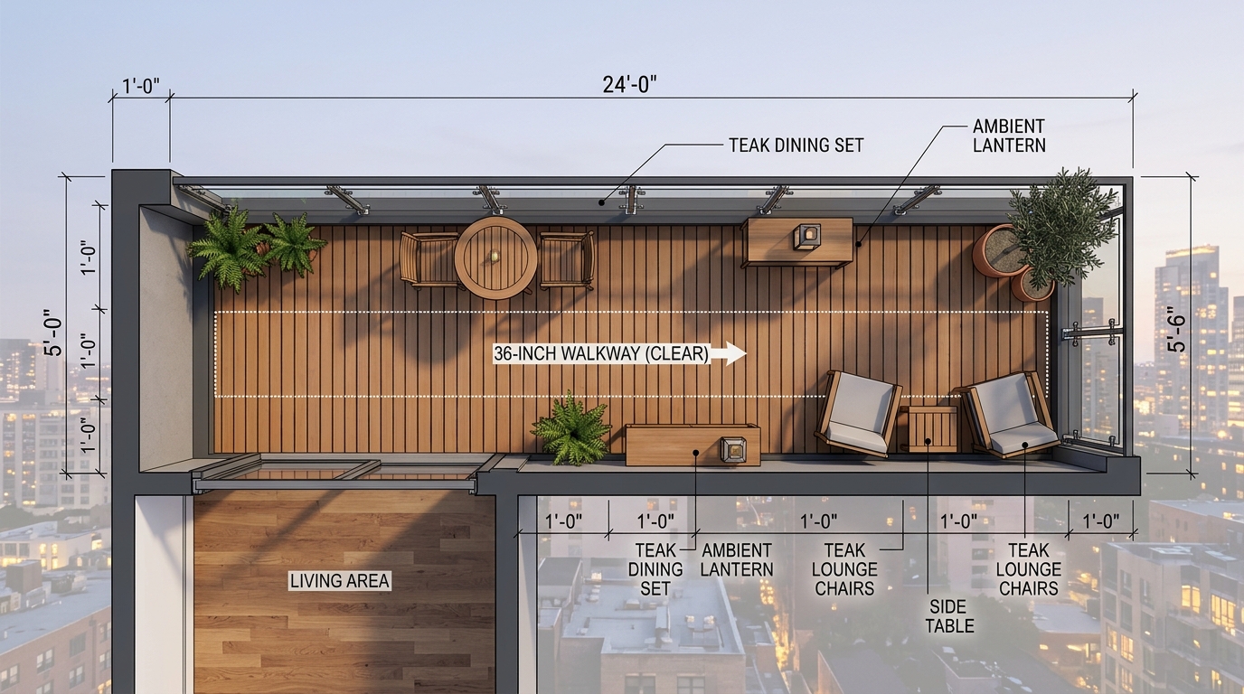 Architectural top-down view of a narrow balcony layout showing the 36-inch walkway clearance and ergonomic furniture placement. Architectural top-down view of a narrow balcony layout showing the 36-inch walkway clearance and ergonomic furniture placement.