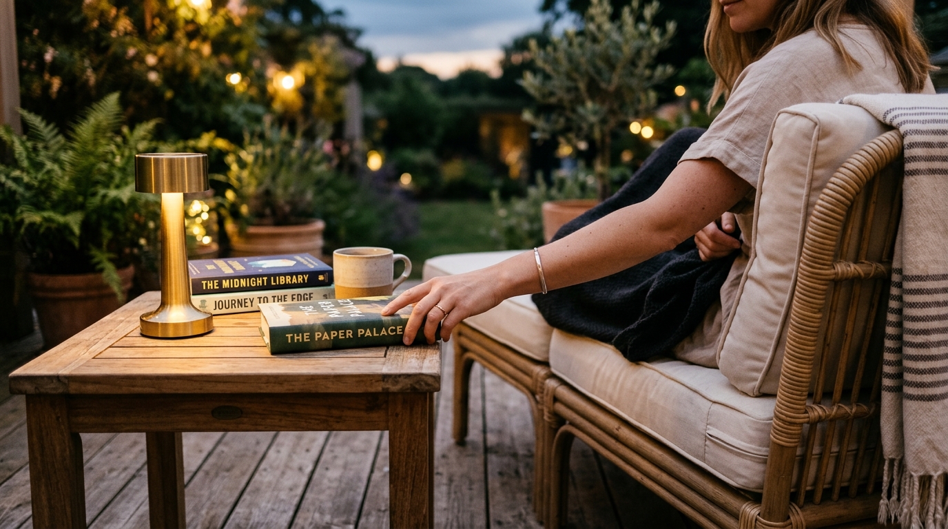 A lifestyle shot of a cozy reading nook on a small balcony with a cordless LED lamp and high-texture outdoor rug. A lifestyle shot of a cozy reading nook on a small balcony with a cordless LED lamp and high-texture outdoor rug.