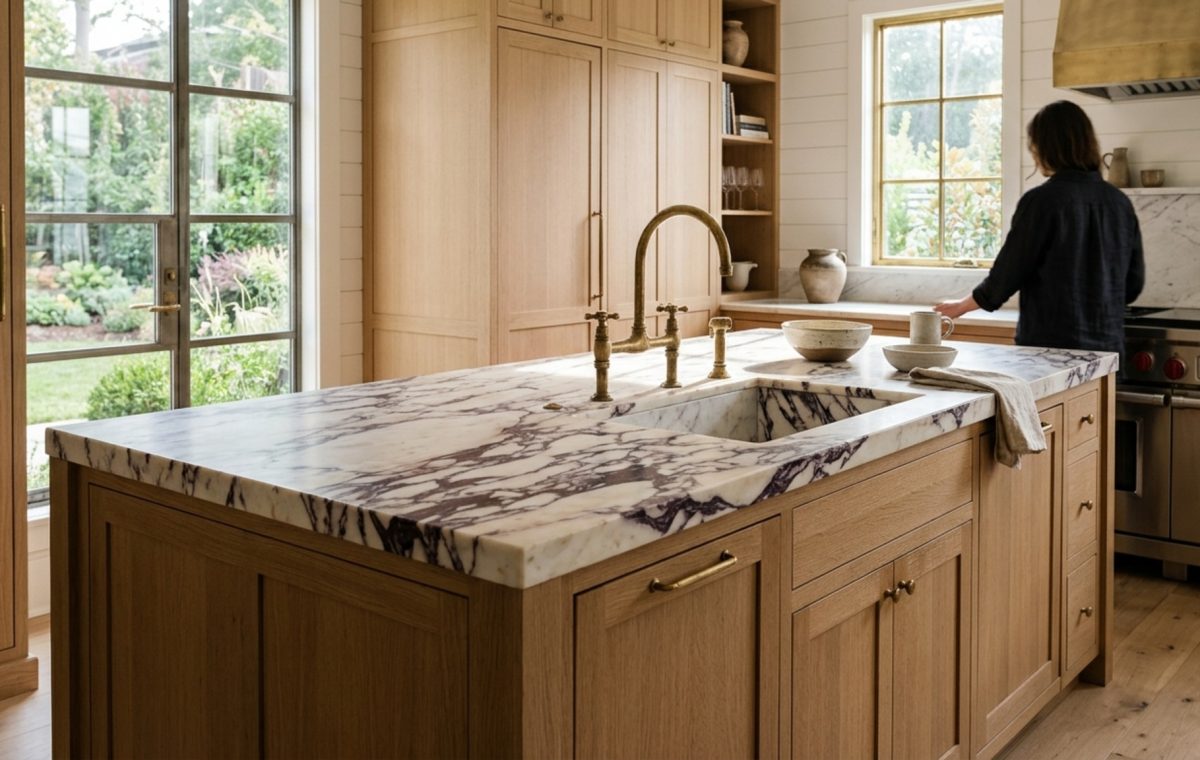 DIY kitchen layout software showing a sophisticated kitchen island with Calacatta Viola marble and unlacquered brass faucets in natural morning light.